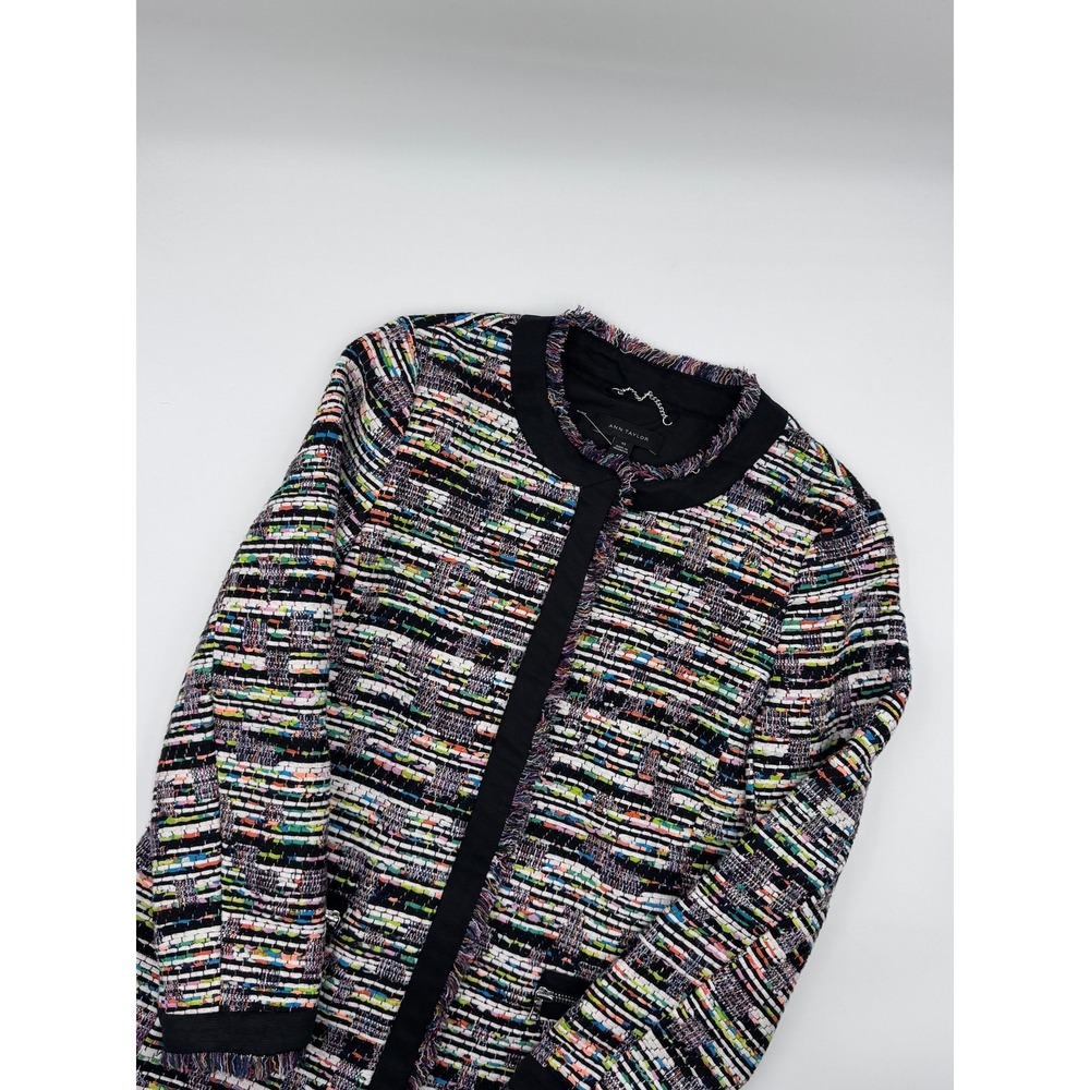 Ann Taylor Tweed Fringe Collarless‎ Jacket Blazer Multi Color Women's XS